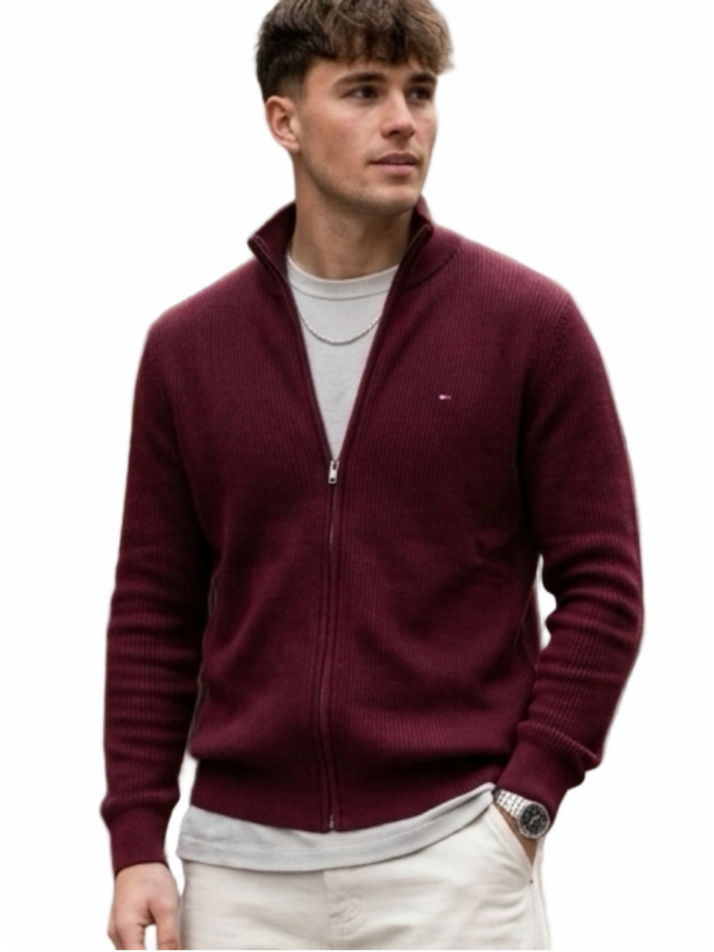 Tommy Hilfiger Men's Maroon deep red Full-Zip Ribbed cotton sweater Med 1479